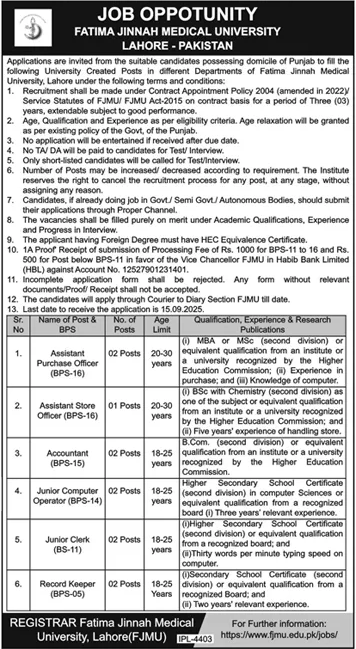 Jobs in Fatima Jinnah Medical University Lahore